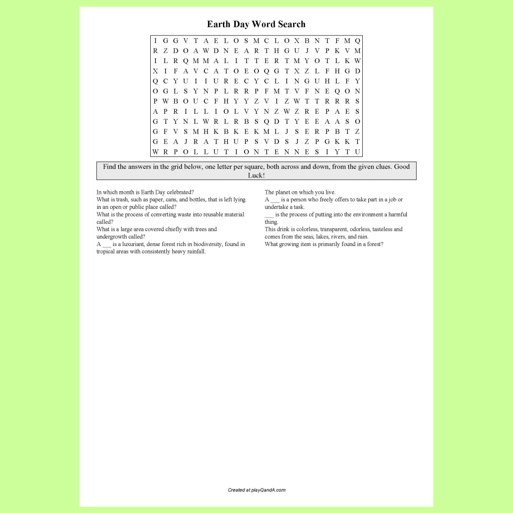 Earth day word search play q and a