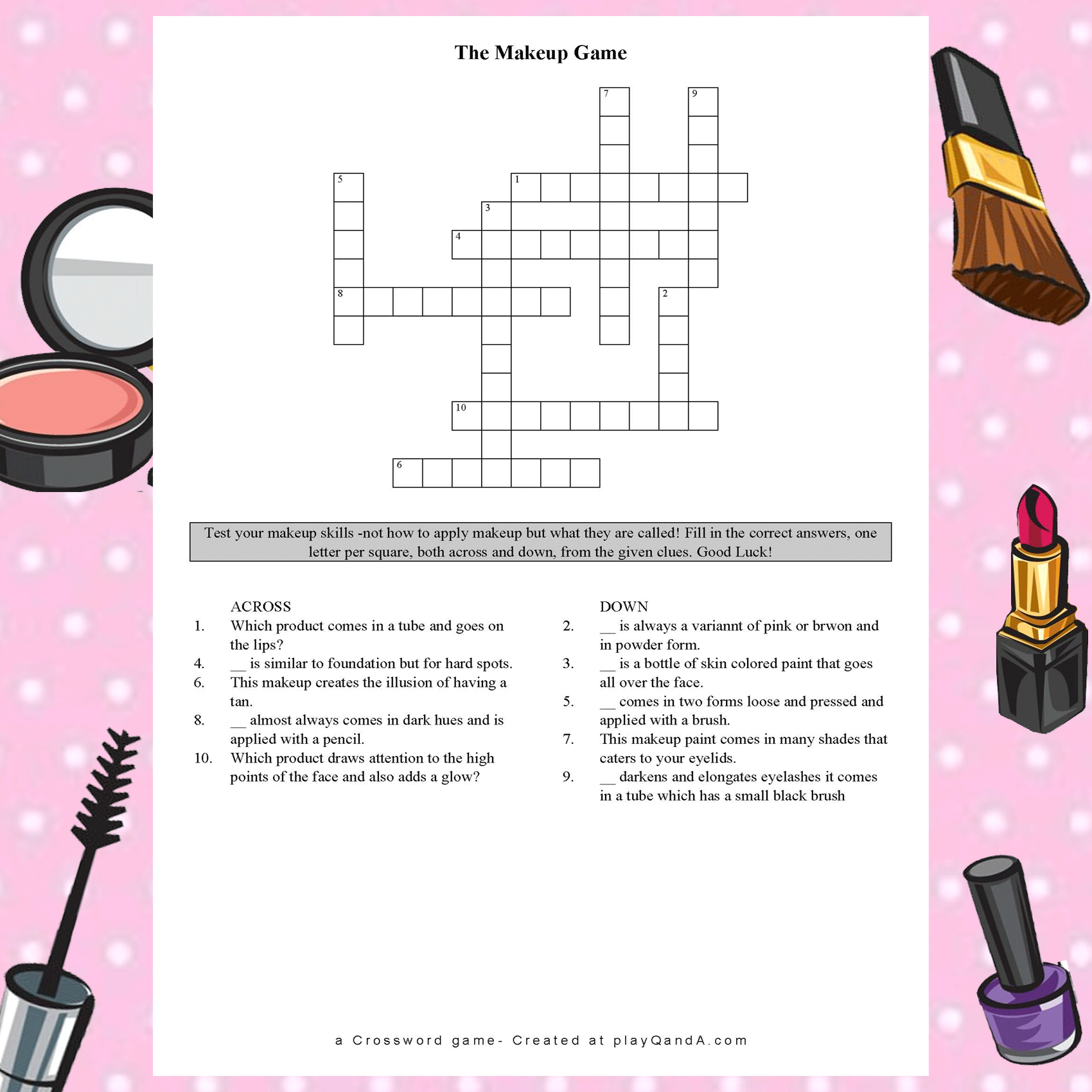 A free Makeup Crossword Game Play Q and A